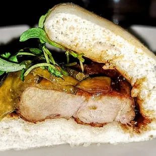 Surf &amp; Turf Bao Buns: Crispy Fried Shrimp, Pork Belly, Jalapeno. $14