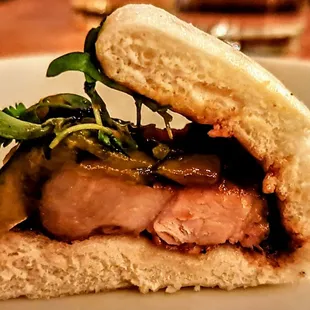 Surf &amp; Turf Bao Buns: Crispy Fried Shrimp, Pork Belly, Jalapeno. $14