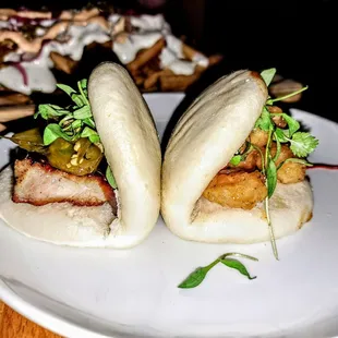 Surf &amp; Turf Bao Buns: Crispy Fried Shrimp, Pork Belly, Jalapeno. $14