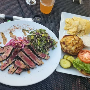 Seared ahimsa tuna and crabcake  yum!