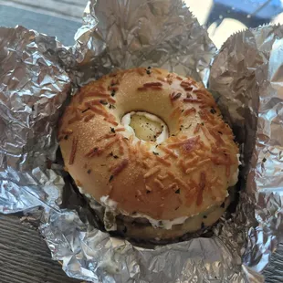 Spieden sandwich, asiago bagel