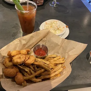 Fried shrimp basket! Hush puppies as a bonus!