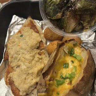 Grouper with crab imperial, baked potato and Brussels sprout