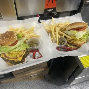 Two of our Mexican Hamburgers, they come with a side of fries!