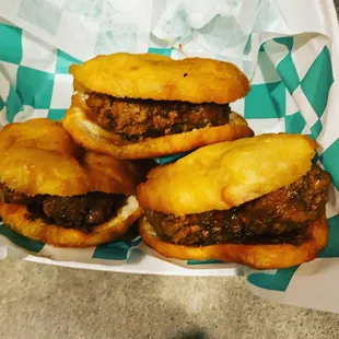 a basket of hamburgers