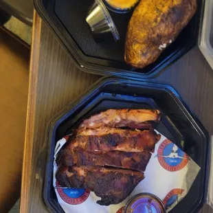 Loaded baked potato, bbq ribs