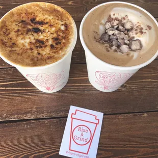 Creme brûlée latte (l) and whopper latte (r)
