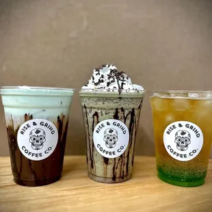 St. Patricks Day drinks! Peppermint Patty, mint Chocolate Chip Frappe and a Green apple Redbull Riser