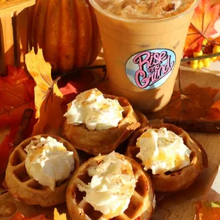 Pumpkin spice latte and pumpkin waffles! Apart of our fall 2022 specials.