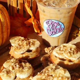 Banana nut waffles and an iced caramel pumpkin latte.