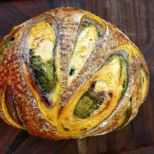 Sourdough made with turmeric,  matcha and pea flower