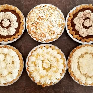 Chocolate cream,  coconut cream and lemon meringue pies