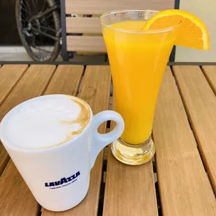 Cappuccino and a fresh squeezed orange juice.