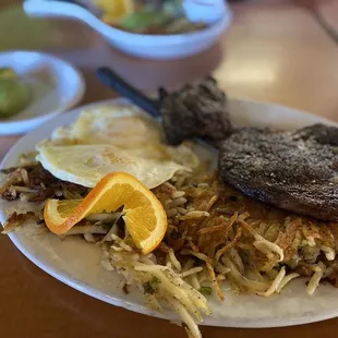 Rib Eye, eggs n hash browns.