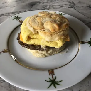 Breakfast sandwich. Sausage has a light kick to it