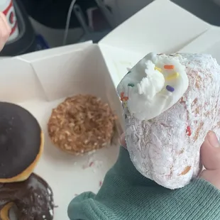In box: coconut key lime, Boston creme (sweet heavens!), chocolate glazed and vanilla filled powdered donut.