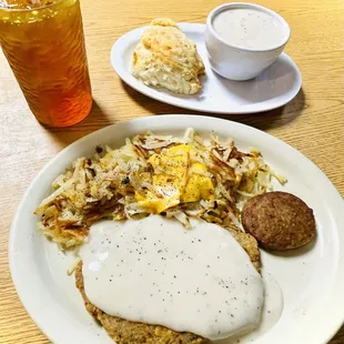 Sweet tea, biscuit w/ gravy, country fried steak w/ hash browns