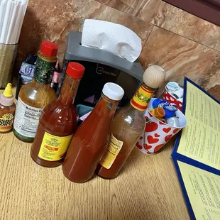 various condiments and condiments on a counter