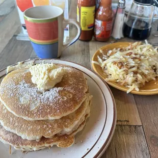 Pancakes, hashbrowns coffee