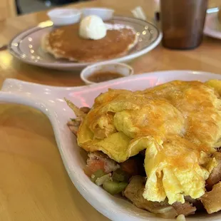 Fajita skillet and pancakes
