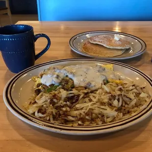 Southern Omelet and pancakes