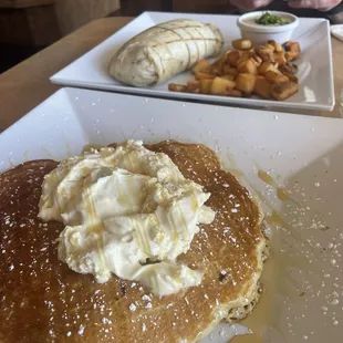 Orange pancakes (cream was amazing!) and smoked burrito.