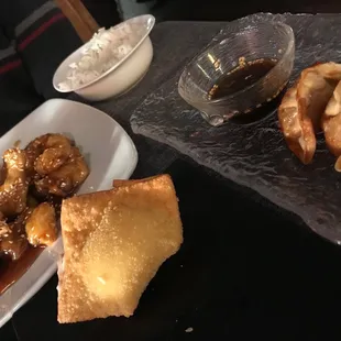 Crab Rangoon, potstickers, orange chicken