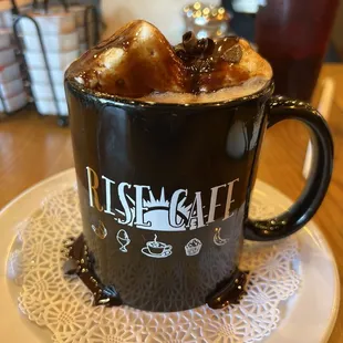 Dark hot chocolate with homemade toasted marshmallows