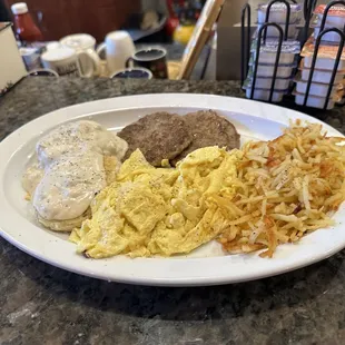 Biscuits and Gravy, Sausage Patties, Scrambled Eggs and Hashbrowns