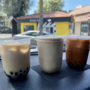 Winter Melon Milk Tea w/boba, Vanilla Iced Latte, Thai Tea w/boba