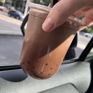 Chocolate &amp; Strawberry  Milk Tea with Lychee Popping! Oh so savory. The pops really make the drink. Feel like a little kid again