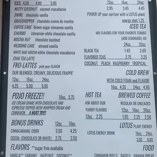 Menu: food, coffee, tea, and other beverages