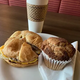 Breakfast croissant with muffin for later