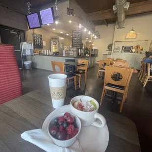 Everything Bowl w/fruit and a black coffee