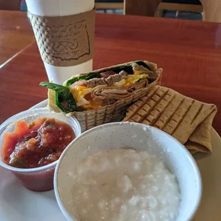 Breakfast burrito, side I'm cottage cheese and a large drip coffee.  Not too shabby.