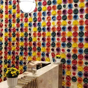a colorful wall of buttons