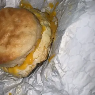 Fulfilling sausage egg and cheese biscuit