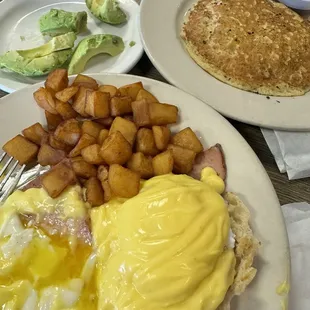 Eggs Benedict with Pancakes and Avocado