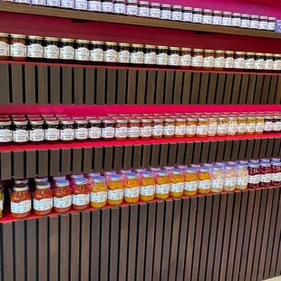 helves of jams and condiments