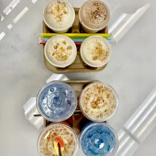 a variety of smoothie drinks