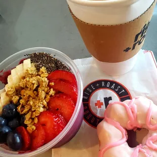 Acai bowl, double strawberry donut with strong cup of Joe!