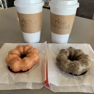 Donuts: strawberry and blueberry  Black coffee and Chai latte with coconut milk