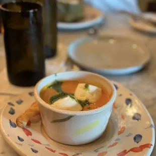 Marshmallow soup (tomato soup with goat cheese "marshmallow")