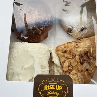 Sticky bun, cream cheese cinnamon roll, chocolate chip scone and cherry turnover.