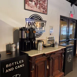 a coffee maker and a beverage dispenser