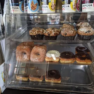 Cappuccino with Chocolate Chip muffins, Blueberry + Banana muffins, and Carlson's Donuts.