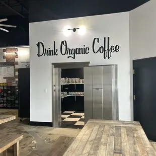the entrance to a coffee shop