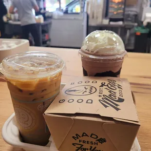 Iced Vanilla Hazelnut Latte and Frozen Hot Chocolate, Iced cinnamon bun to-go. #huzzah