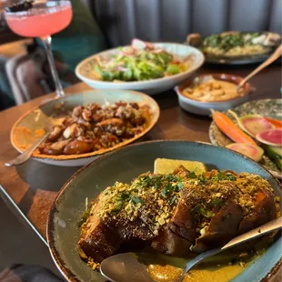 roasted sweet potato, patatas bravas, mezze dip trio, and grilled swordfish kebab