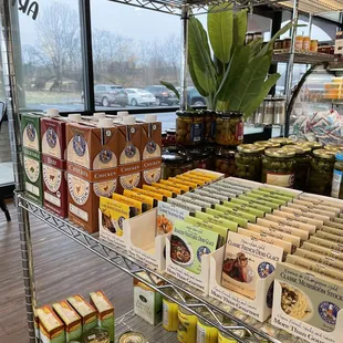 shelves of canned food in a store